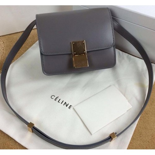 Geantă Celine Classic Box mini cu clapă, piele netedă C11041T gri