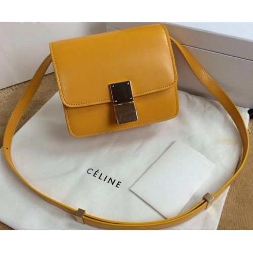 Geantă Celine Classic Box mini cu clapă, piele netedă C11041T galbenă