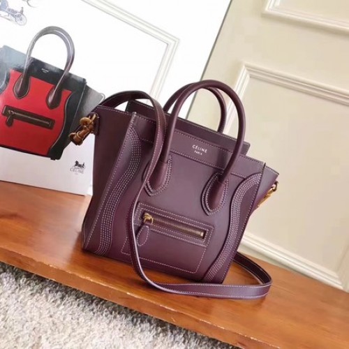 Geantă Celine Luggage Nano Tote din piele originală CC3560 Wine