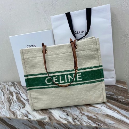 Celine CABAS PĂTRAT CELINE DIN TEXTIL PLEIN SOLEIL ȘI PIELE DE VIȚEL 192172 VERDE&MARO
