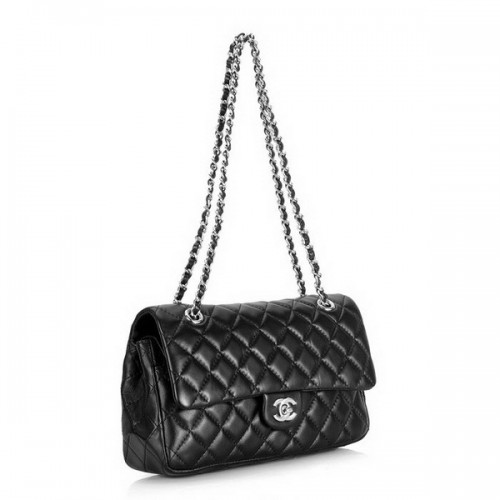 Geantă Chanel 2.55 Classic Series Flap Series 1112 din piele neagră, cu accesorii argintii