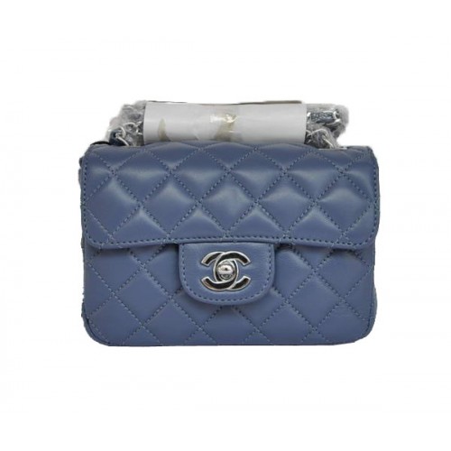 Geantă Chanel Classic mini Flap 1115 ieftină din piele de oaie albastră, cu accesorii argintii