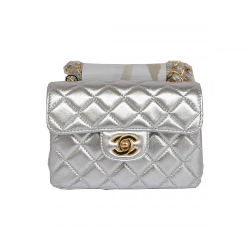 Geantă Chanel Classic mini Flap 1115 Argintiu deschis din piele de oaie cu accesorii aurii