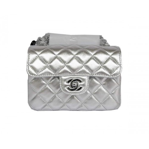 Geantă Chanel Classic mini Flap 1115 argintie deschisă din piele de oaie cu accesorii argintii