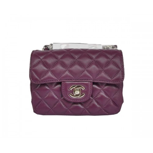 Geantă Chanel Classic mini Flap 1115 ieftină din piele de oaie violetă cu accesorii argintii