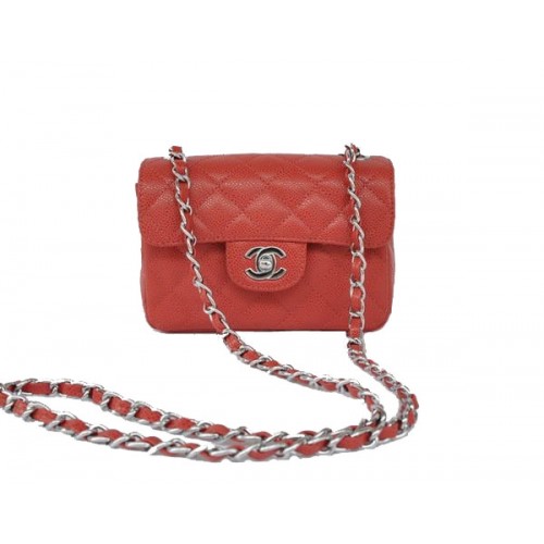 Geantă Chanel Classic mini Flap 1115 ieftină din piele roșie, cu accesorii argintii
