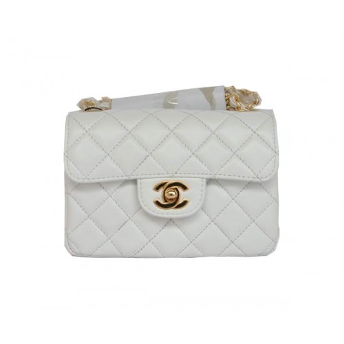 Geantă Chanel Classic mini Flap 1115 din piele de oaie albă cu accesorii aurii
