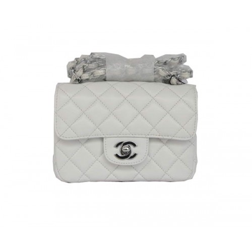 Geantă Chanel Classic mini Flap 1115 ieftină din piele de oaie albă, cu accesorii argintii