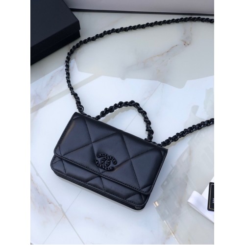 Portofel Chanel 19 Classic din piele de oaie cu lanț AP0957 negru-Metal în nuanțe de negru