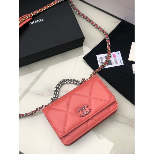 Portofel Chanel 19 Classic din piele de oaie cu lanț AP0957 roz-argintiu-metal