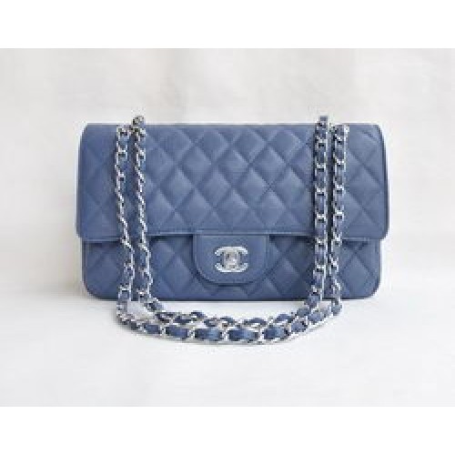 Geantă Chanel 2.55 matlasată cu clapă 1112 albastru deschis cu accesorii argintii