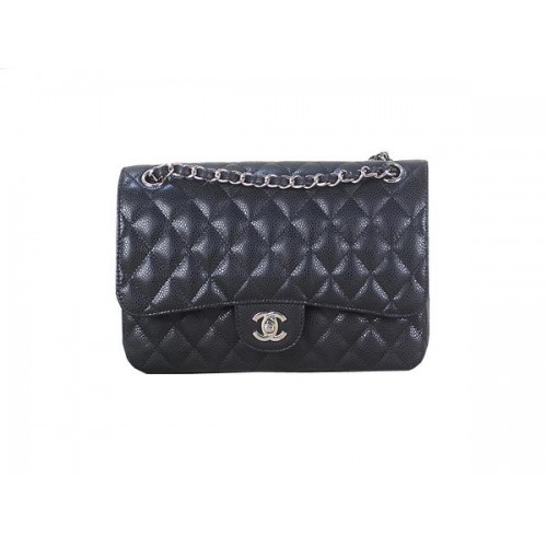 Geantă Chanel 2.55 Series Classic Flap 1112 Negru Original Cannage Model Piele Argintiu