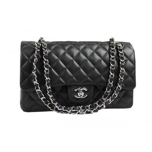 Geantă Chanel 2.55 Series Classic Flap 1112 Negru Original din piele de oaie argintie