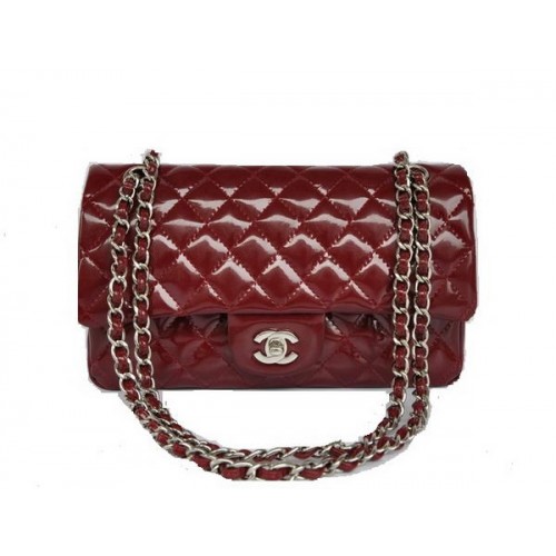 Geantă Chanel ieftină seria 2.55 Flap 1112 din piele lăcuită maro, cu accesorii argintii