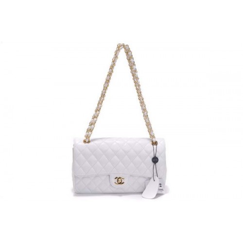 Geantă Chanel ieftină seria 2.55 Flap 1112 din piele albă lăcuită cu accesorii aurii