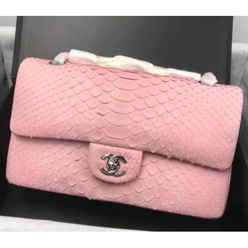 Genți Chanel seria 2.55 cu clapă Sakura roz, piele de piton originală A1112SA argintiu
