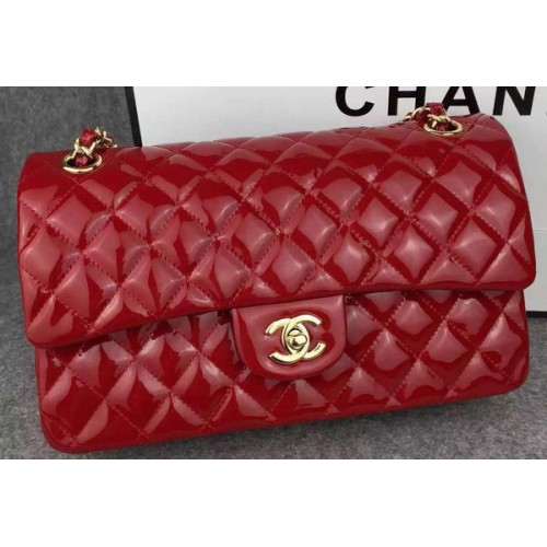 Geantă Chanel 2.55 Series cu clapă dublă, roșie, din piele originală lacuită CF7024, aurie