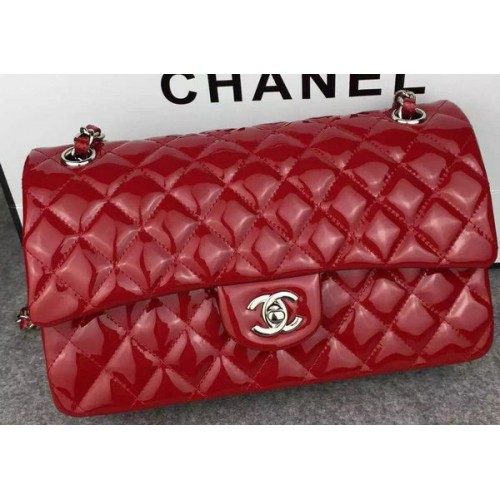 Geantă Chanel 2.55 Series cu clapă dublă, roșie, din piele originală lacuită CF7024, argintie