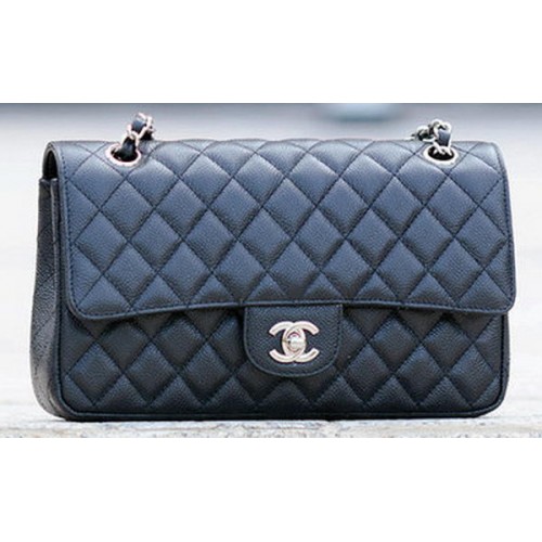Geantă Chanel seria 2.55 cu clapă, model Cannage negru A1112 argintiu