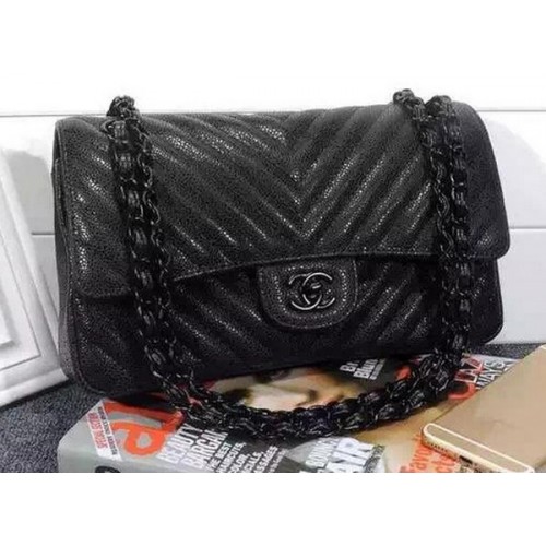 Geantă Chanel seria 2.55 Flap, model Cannage negru, piele Chevron A1112V, neagră