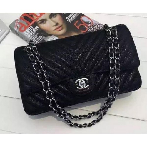 Geantă Chanel seria 2.55 Flap, model Cannage negru, piele Chevron A1112V argintie