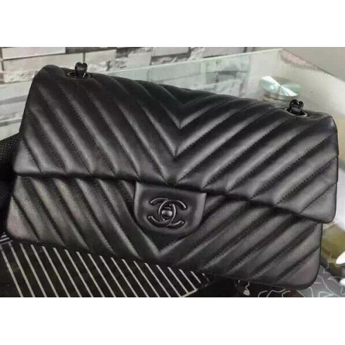 Geantă Chanel 2.55 Series Flap, piele de miel neagră cu model Chevron A5023 Negru