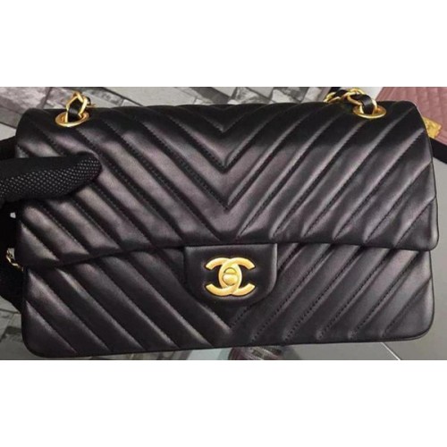 Geantă Chanel 2.55 Series Flap, piele neagră, piele Chevron, A5023, auriu