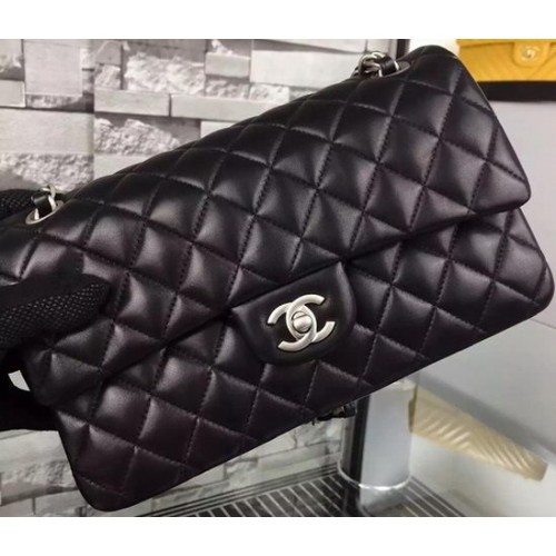 Geantă Chanel 2.55 Series Flap din piele de oaie neagră A06375 argintie