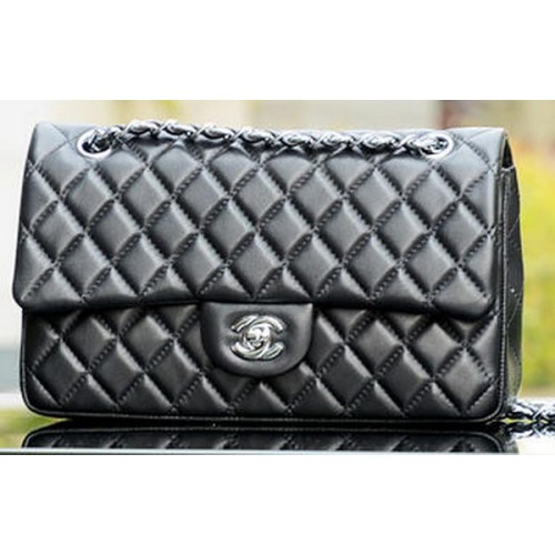Geantă Chanel 2.55 Series Flap din piele de oaie neagră A37586 argintie