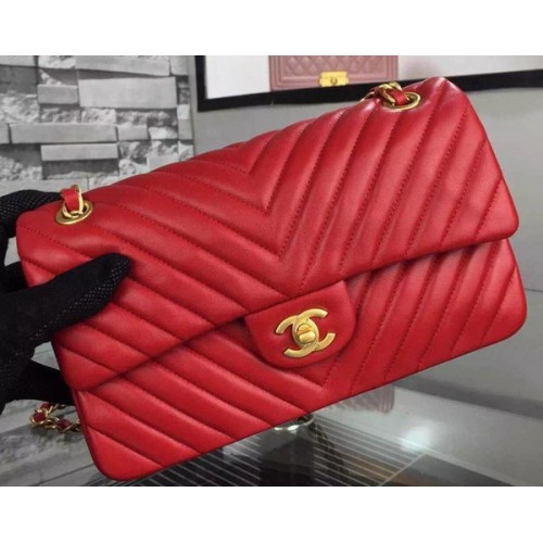 Geantă Chanel 2.55 Series Flap, piele de miel roșie Chevron A5023 Auriu