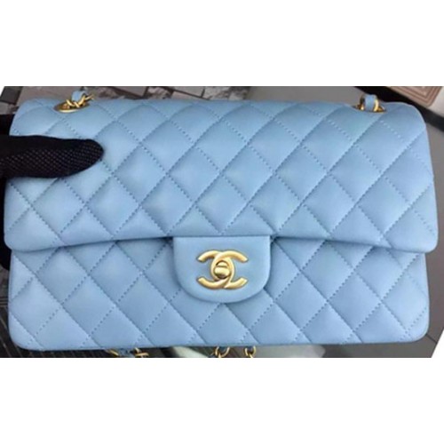 Geantă Chanel seria 2.55 Flap, piele de oaie, albastru-cenușiu, A06375, auriu