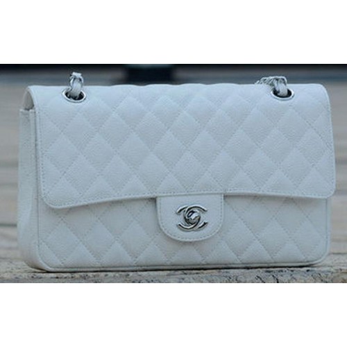 Geantă Chanel seria 2.55 cu clapă, model Cannage alb A1112 argintiu