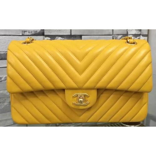 Geantă Chanel 2.55 Series Flap, piele galbenă de miel Chevron A5023 Auriu