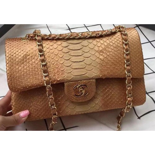 Genți Chanel seria 2.55 cu clapă, piele de piton originală Apricot A1112SA auriu