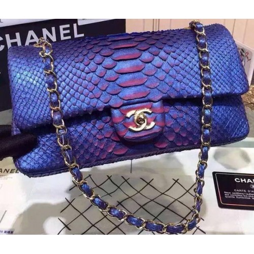 Genți Chanel seria 2.55 cu clapă, piele de piton originală albastră A1112SA aurie
