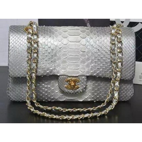 Genți Chanel seria 2.55 Flap din piele de piton originală gri și alb A1112SA auriu