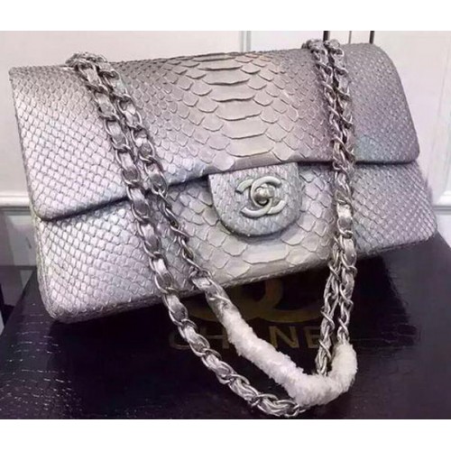 Genți Chanel seria 2.55 Flap din piele de piton originală gri și alb A1112SA argintii