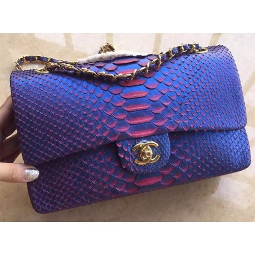Genți Chanel seria 2.55 cu clapă RoyalBlue din piele de piton originală A1112SA aurii