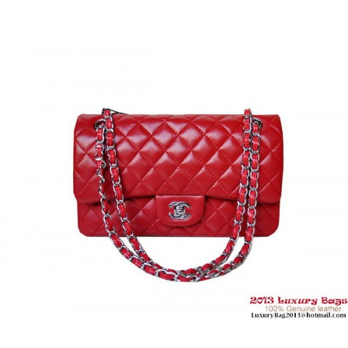 Geantă Chanel A01112 Classic Flap din piele de oaie roșie argintie