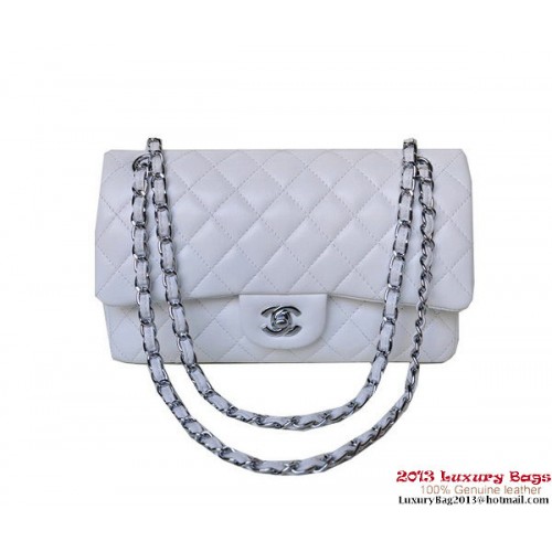Geantă Chanel A01112 Classic Flap, piele de oaie albă, argintie