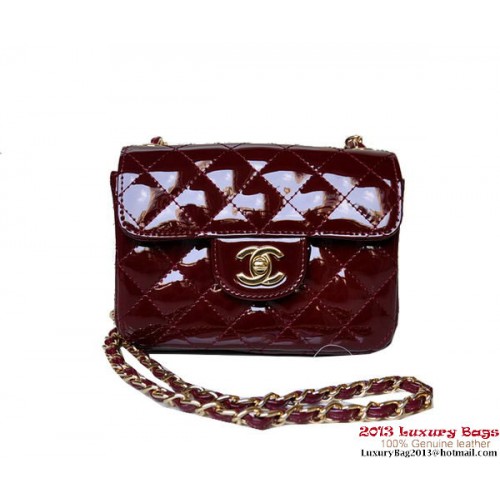 Geantă mini Chanel A01115 cu clapă, piele de lac Bordeaux, aurie