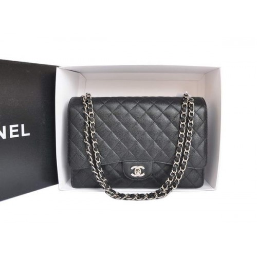 Geantă Chanel A47600 Neagră Originală Caviar din piele Jumbo cu clapă argintie