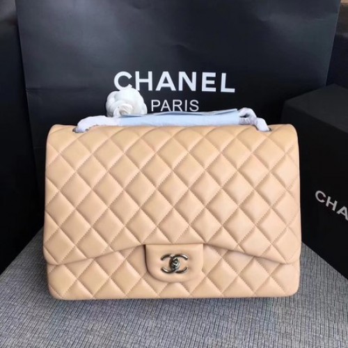 Geantă Chanel Maxi Quilted Classic Flap, piele de oaie, culoare caisă, A58601, argintiu