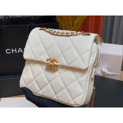 Rucsac Chanel din piele de vițel granulată, piele originală AS3108 alb