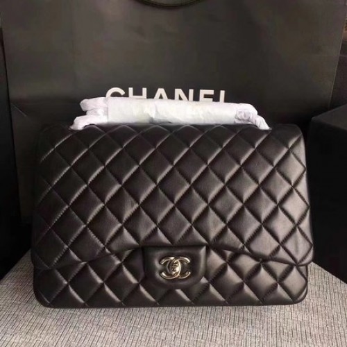 Geantă Chanel Maxi Quilted Classic Flap, piele neagră, piele de oaie A58601, argintie