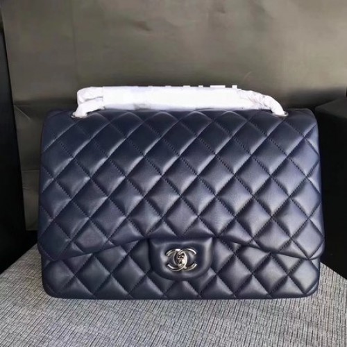 Geantă Chanel Maxi Quilted Classic Flap, piele albastră din piele de oaie A58601 argintie