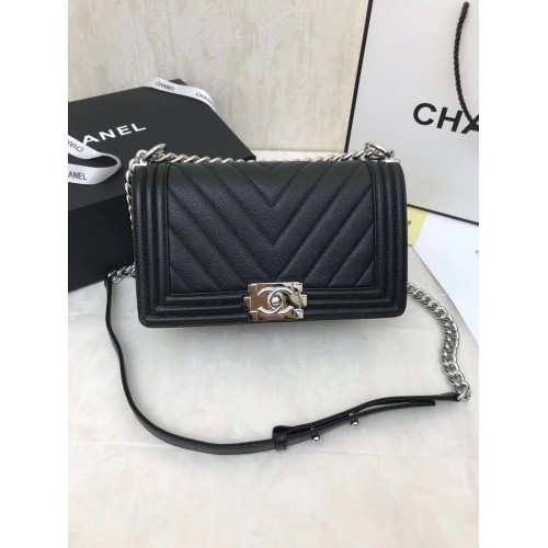 Geantă de umăr Chanel Boy Flap Caviar Original V din piele neagră A67086 argintie
