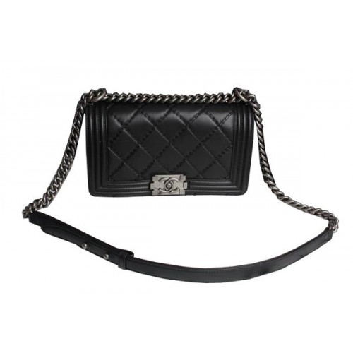 Geantă de umăr Chanel Boy Flap, piele neagră de vițel A67086 argintie