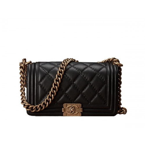 Geantă de umăr Chanel Boy Flap neagră, din piele de vițel originală A67086 aurie