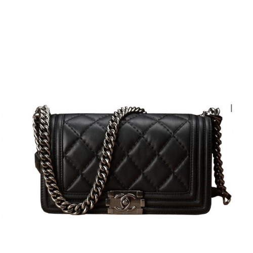 Geantă de umăr Chanel Boy Flap, neagră, din piele de vițel originală A67086, argintie